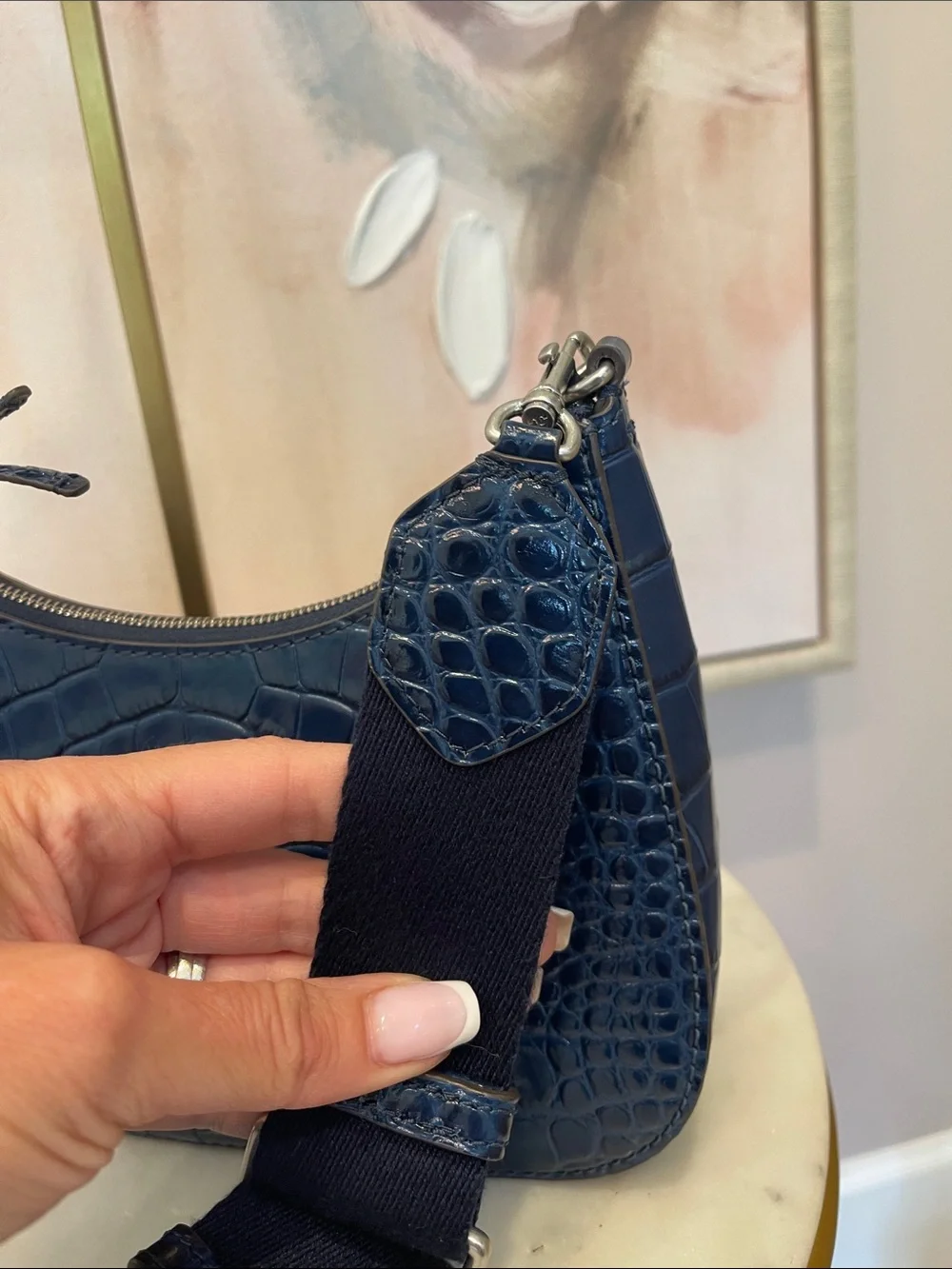 Tory Burch Croc-Embossed Navy Leather Shoulder Bag
